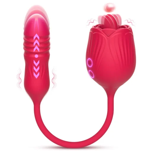 Vibrador doble de rosa con lengua y dildo telescópico